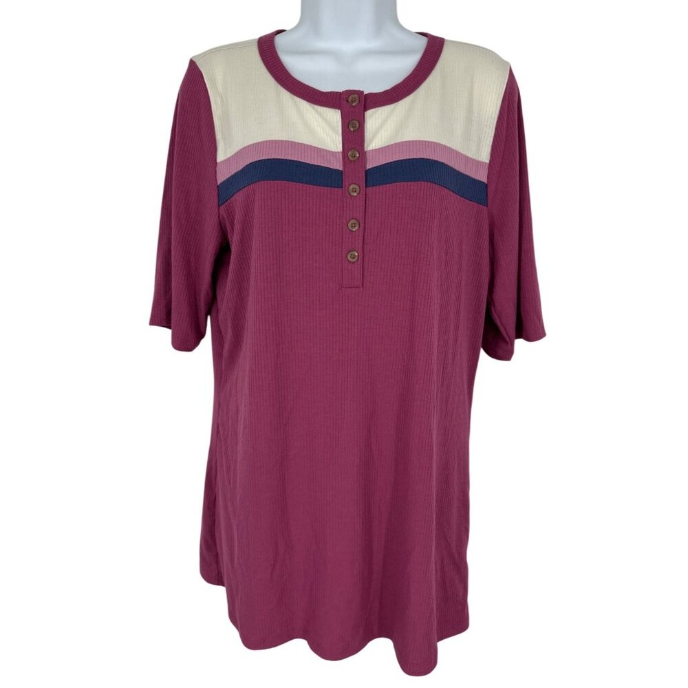 Torrid Womens Colorblock Button Henley Short Sleeve Ribbed Knit Top Size 1X